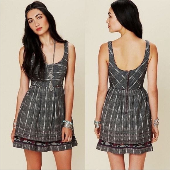 Free People New Romantics • Grey Ikat Weathervane Mini Dress - Picture 1 of 13